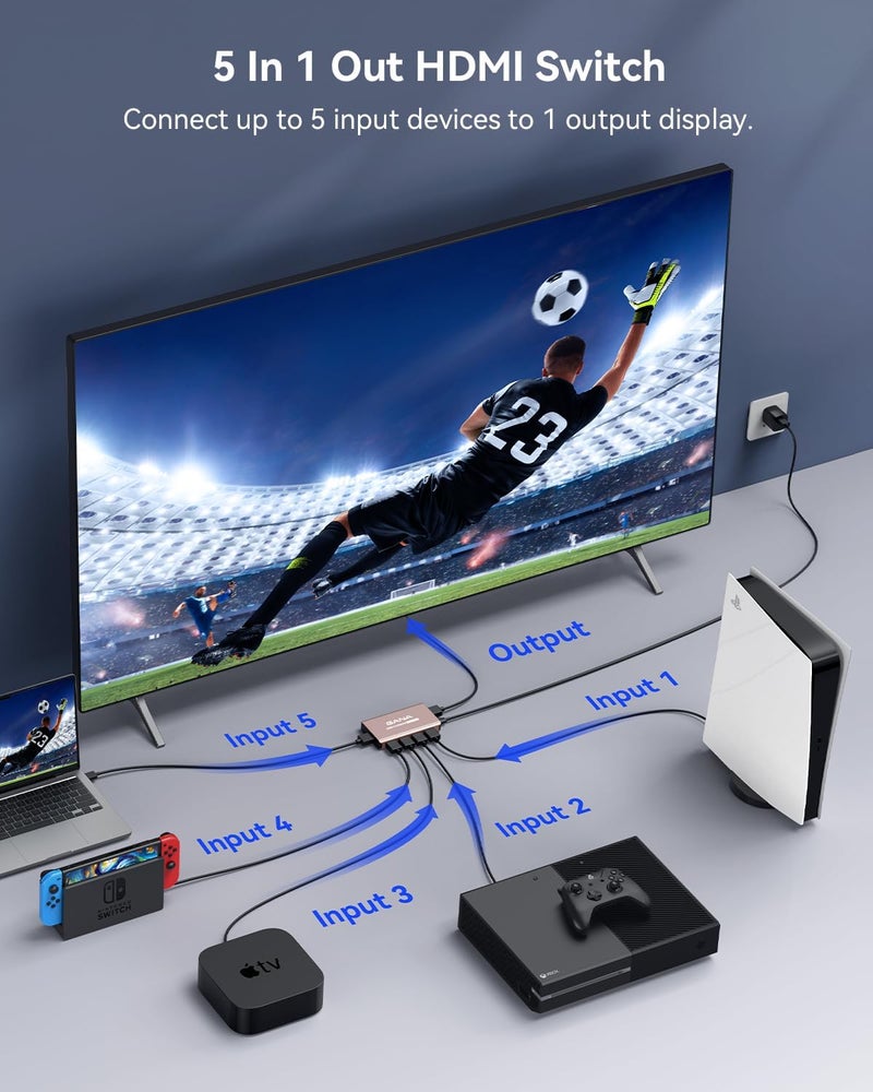 GANA HDMI Switch 5 in 1 Out 4K@60Hz, HDMI Splitter Switcher with Remote, Aluminum HDMI 2.0 Switch Box Hub for 3D, HDCP2.2, HDR, Compatible with Xbox, PS5/4/3,Fire Stick,Roku,Blu-Ray Player, Rose - Image 2